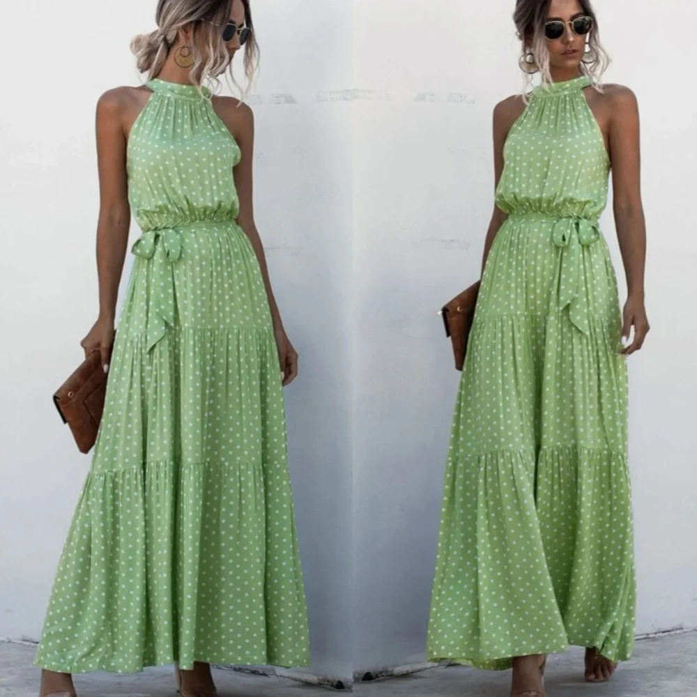 Boho green halter dot belted maxi dress - Picture 5 of 7